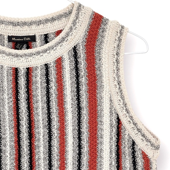 Massimo Dutti Boho Sleeveless Chunky Knit Sweater Tunic Striped Fringe Hem - Picture 3 of 9